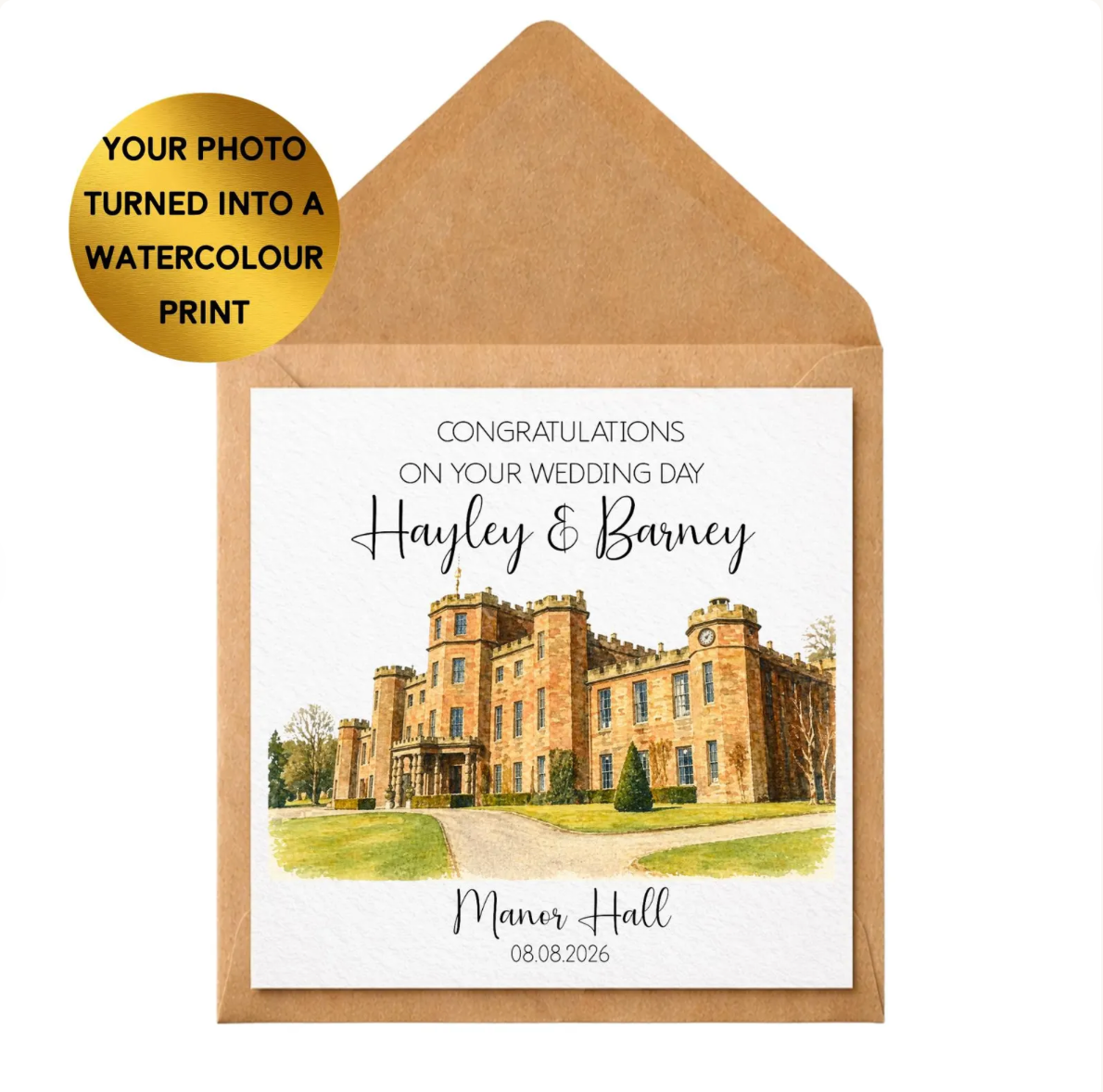 Custom Watercolour Venue Wedding Card, Personalised House Portrait Keepsake