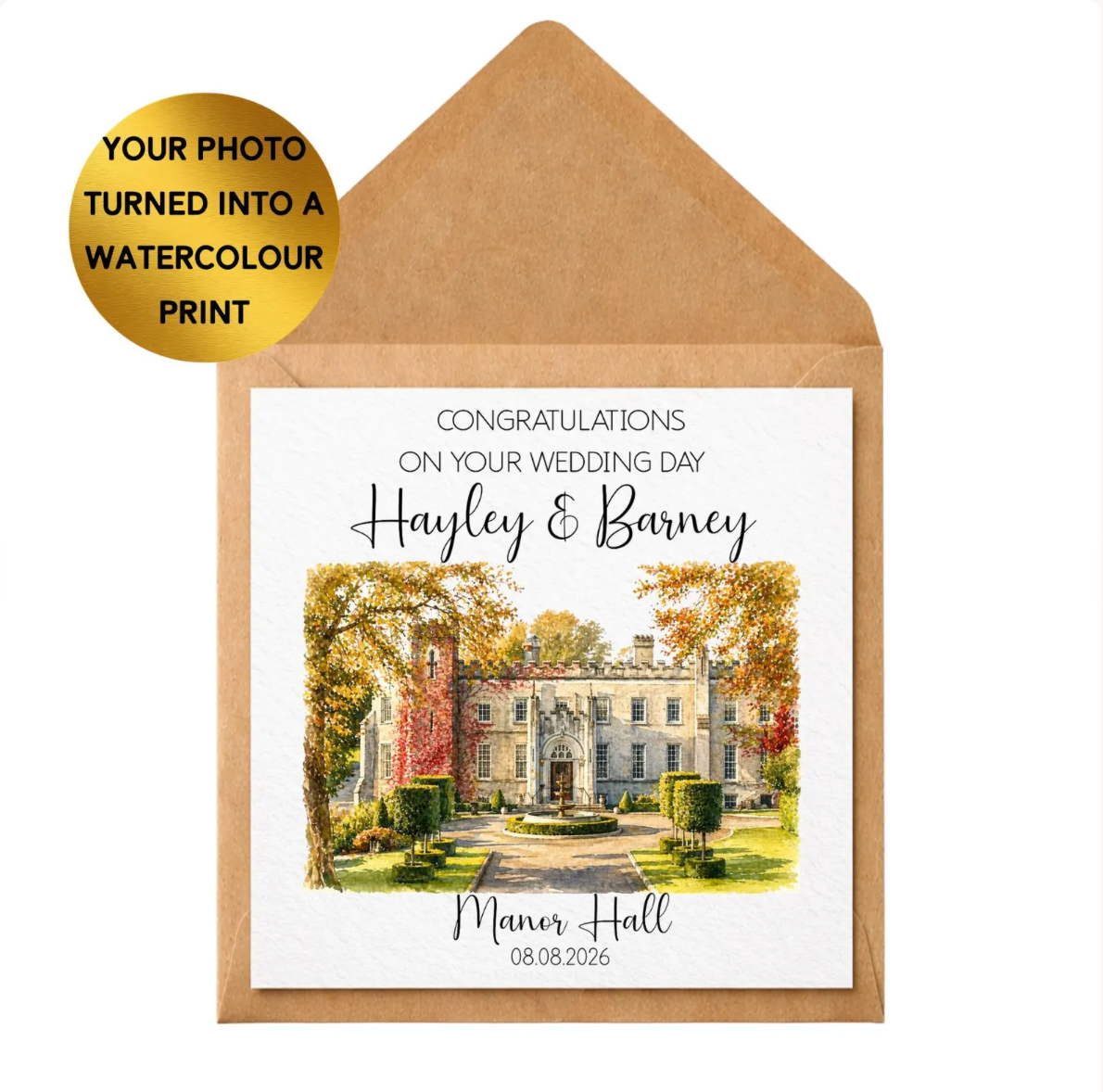 Custom Watercolour Venue Wedding Card, Personalised House Portrait Keepsake