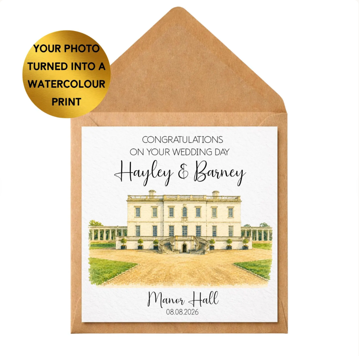 Custom Watercolour Venue Wedding Card, Personalised House Portrait Keepsake