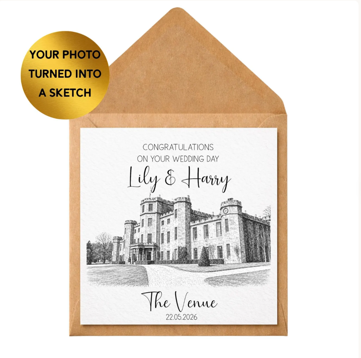 Custom Wedding Venue Sketch Card, Photo Illustration, Personalised Day