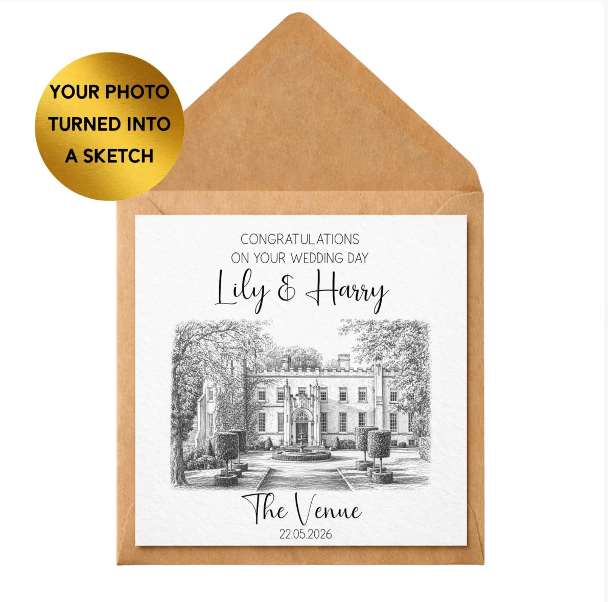Custom Wedding Venue Sketch Card, Photo Illustration, Personalised Day