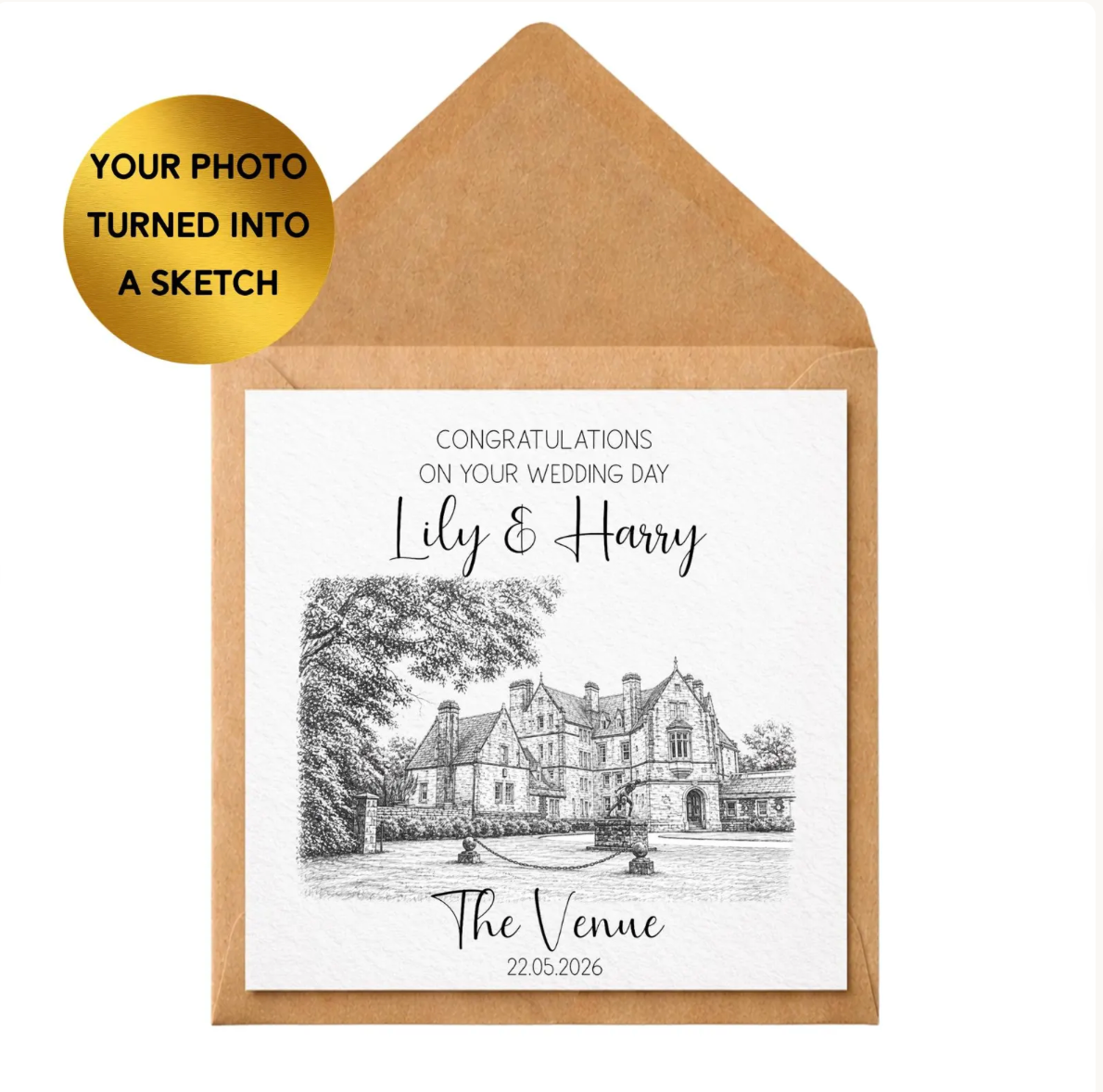 Custom Wedding Venue Sketch Card, Photo Illustration, Personalised Day