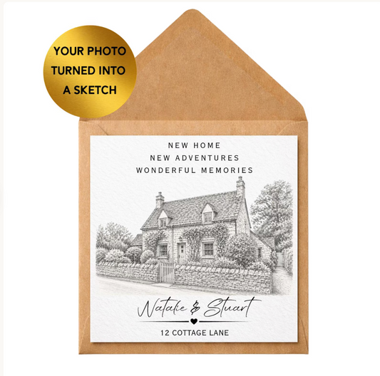 Custom House Portrait Sketch Card, New Home Gift, Personalised Address Print