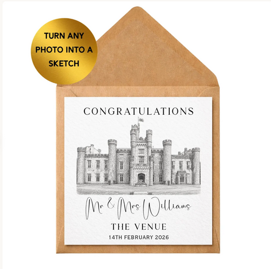 Personalised Wedding Venue Sketch Card, Custom Photo Illustration, Congratulations Keepsake
