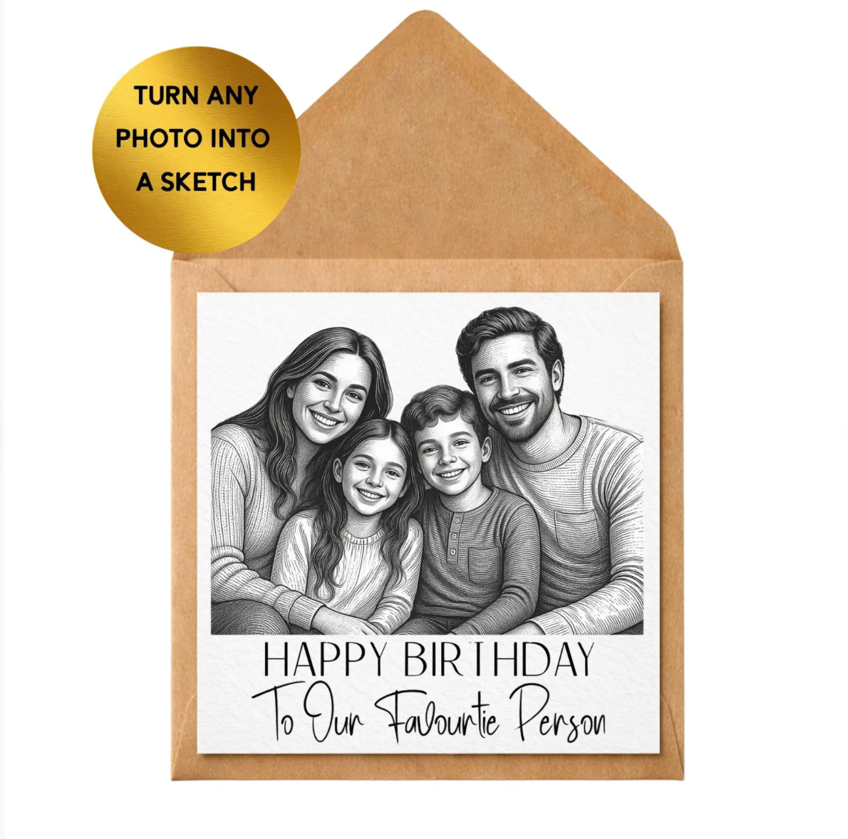 Personalised Photo Sketch Card, Custom Family Portrait, Hand-Drawn Style Birthday Card