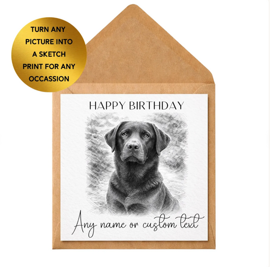 Custom Pet Sketch Birthday Card, Personalised Dog Cat Portrait, Animal Drawing, Pet Lover Gift