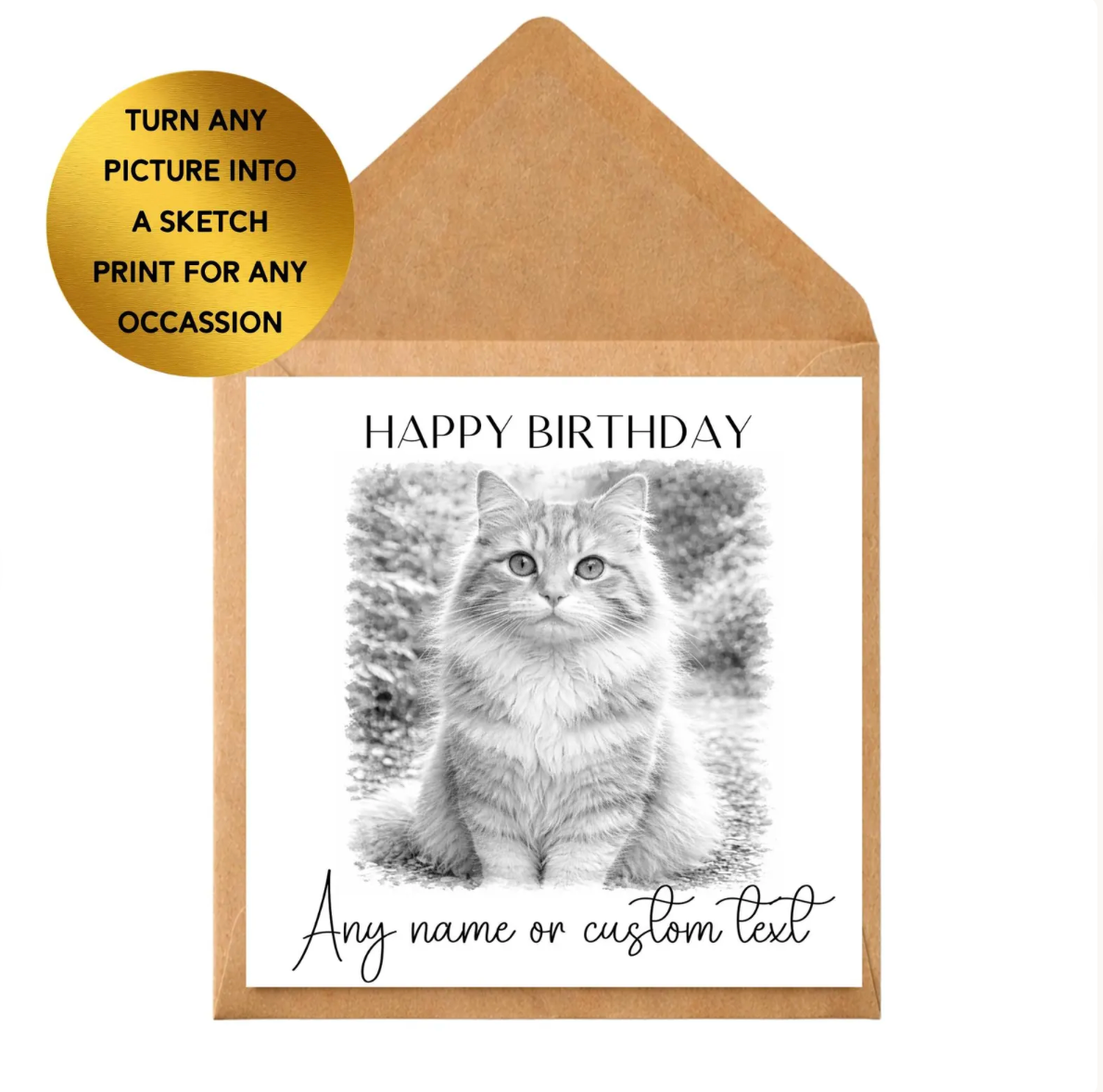 Custom Pet Sketch Birthday Card, Personalised Dog Cat Portrait, Animal Drawing, Pet Lover Gift