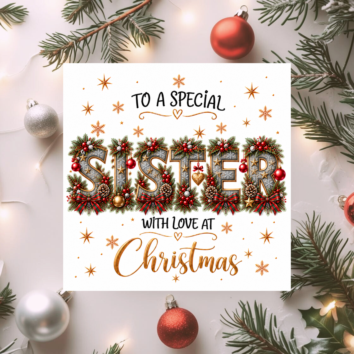 Sister Christmas Card, Special Sister Xmas Card, Christmas Card for Sister, With Love at Christmas, Traditional Festive Greeting Card