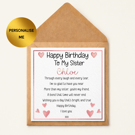 Personalised Sister Birthday Card, Birthday Card For Sister, Custom Name Card For Sister, Heart Birthday Card Sister, From Brother Sister Card