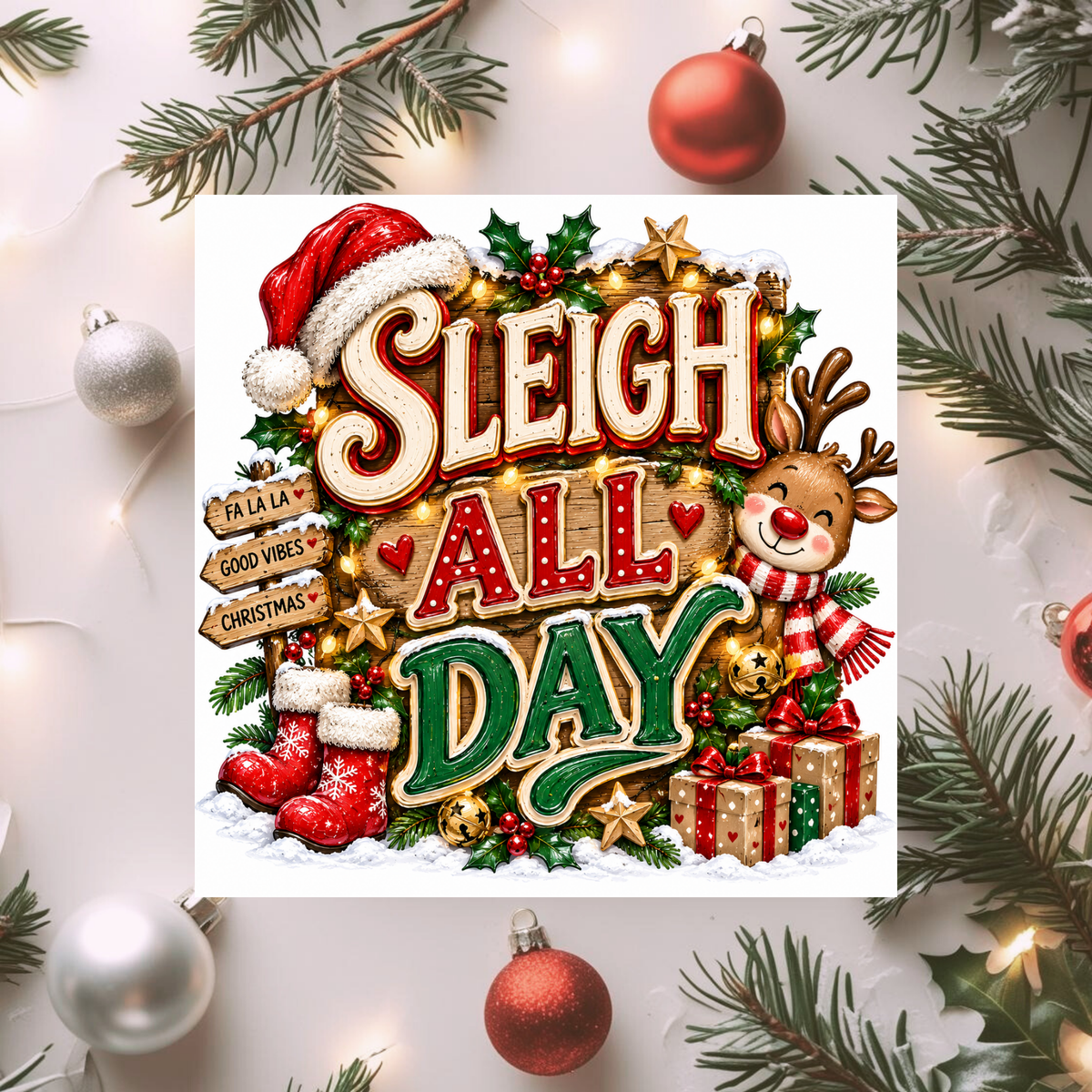 Sleigh All Day Christmas Card, Fun Festive Xmas Card, Cute Reindeer Christmas Card, Christmas Greeting Card, Holiday Card for Friends Family