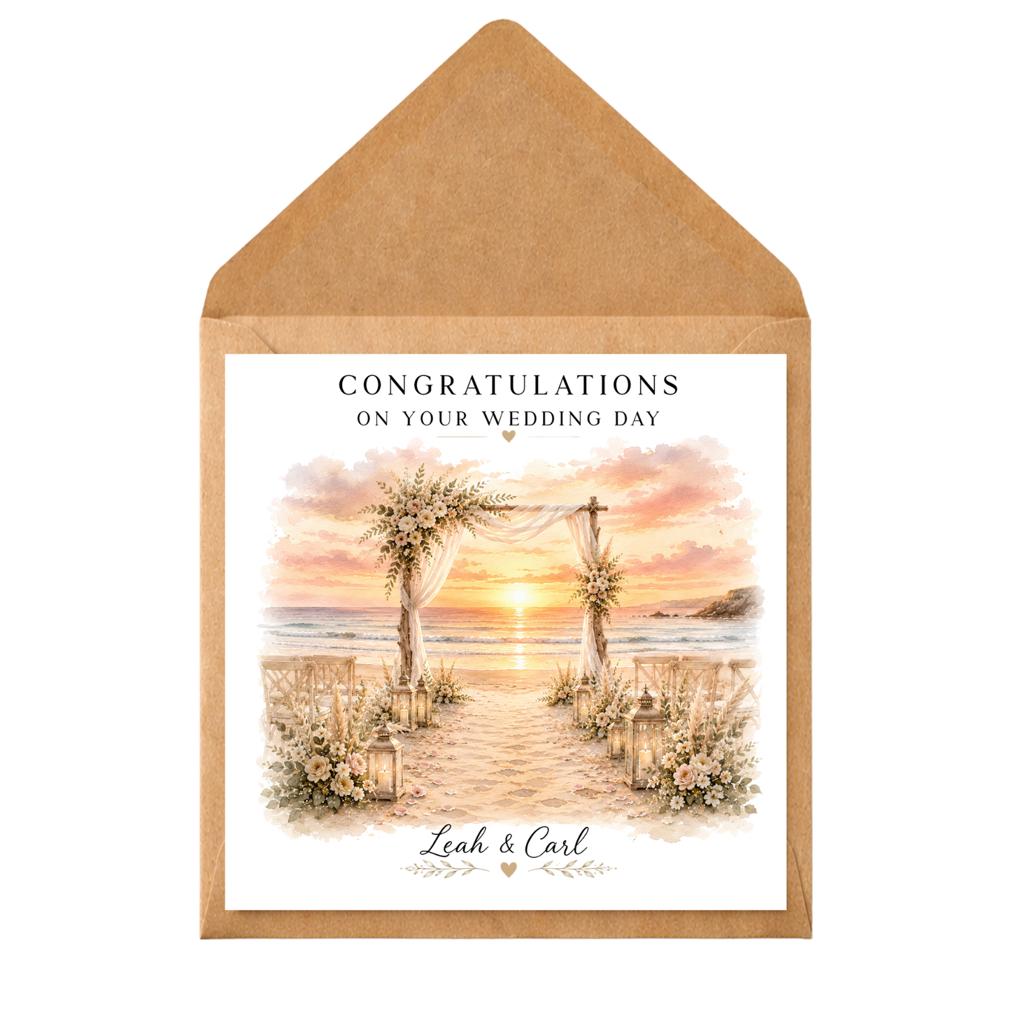 Personalised Beach Wedding Card | Sunset Wedding Congratulations Card | Custom Bride & Groom Card | Wedding Day Keepsake Card
