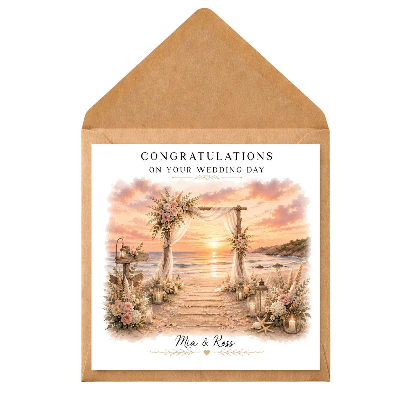 Personalised Beach Wedding Card | Sunset Wedding Congratulations Card | Custom Bride & Groom Card | Wedding Day Keepsake Card