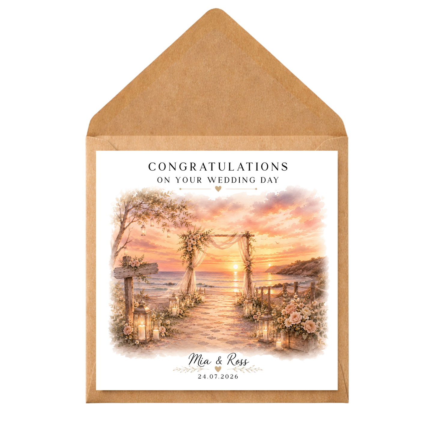 Personalised Beach Wedding Card | Sunset Wedding Congratulations Card | Custom Bride & Groom Card | Wedding Day Keepsake Card