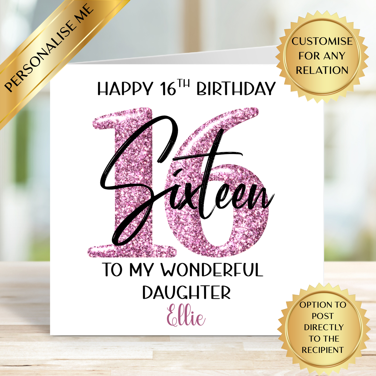Personalised 16th Birthday Card Daughter | Sweet 16 Glitter Pink Card | Custom Sixteen Birthday Card for Girl | Any Name Any Relation
