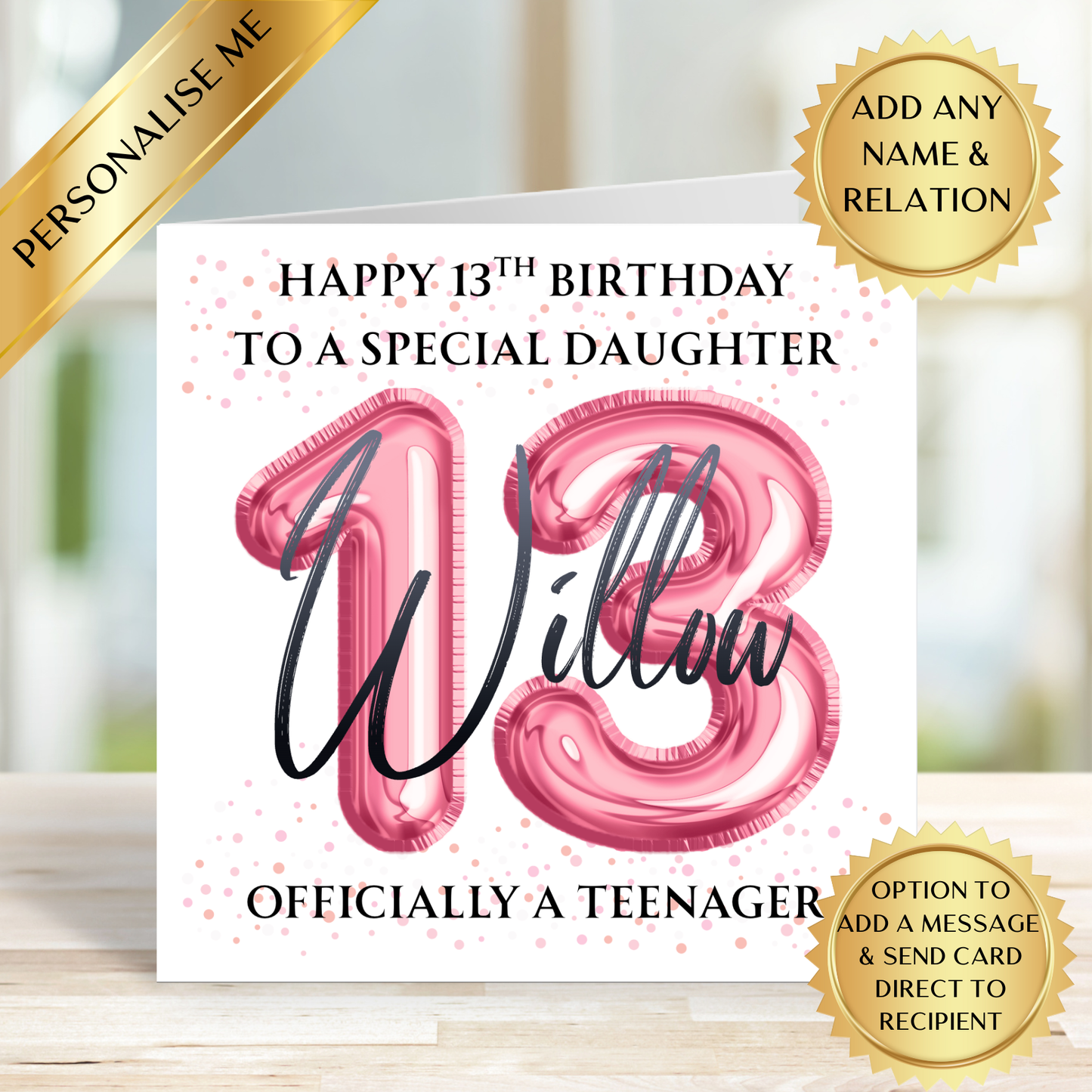 Personalised 13th Birthday Card Girl | Officially a Teenager | Custom Name & Relation | Daughter Granddaughter Niece