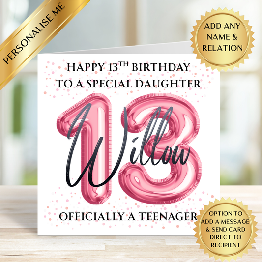 Personalised 13th Birthday Card Girl | Officially a Teenager | Custom Name & Relation | Daughter Granddaughter Niece