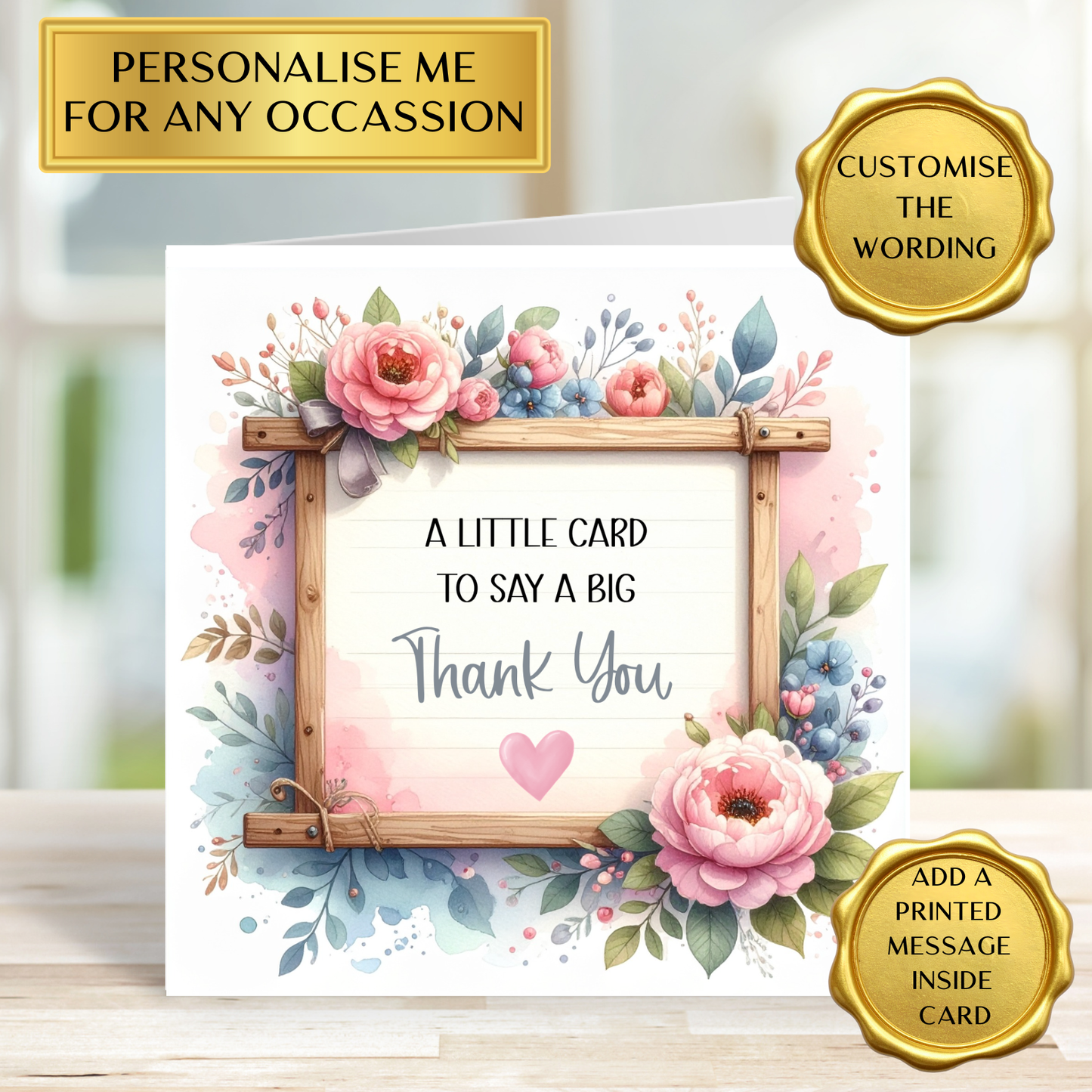 Personalised Thank You Card | Custom Wording Any Occasion | Floral Thank You Card | Printed Message Inside | Handmade Greeting Card