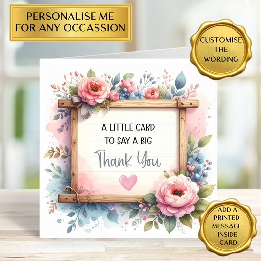 Personalised Thank You Card | Custom Wording Any Occasion | Floral Thank You Card | Printed Message Inside | Handmade Greeting Card