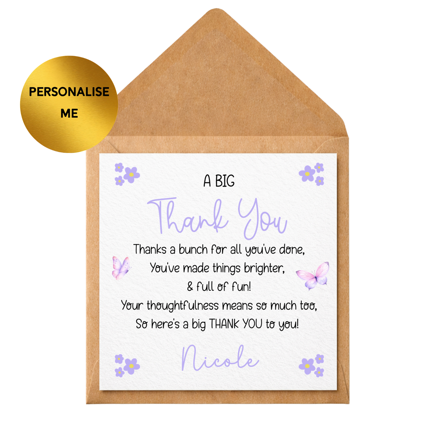 Personalised Thank You Card | A Big Thank You Card | Custom Name Thank You Card | Appreciation Card | Thank You Poem Card | Floral Butterfly Card