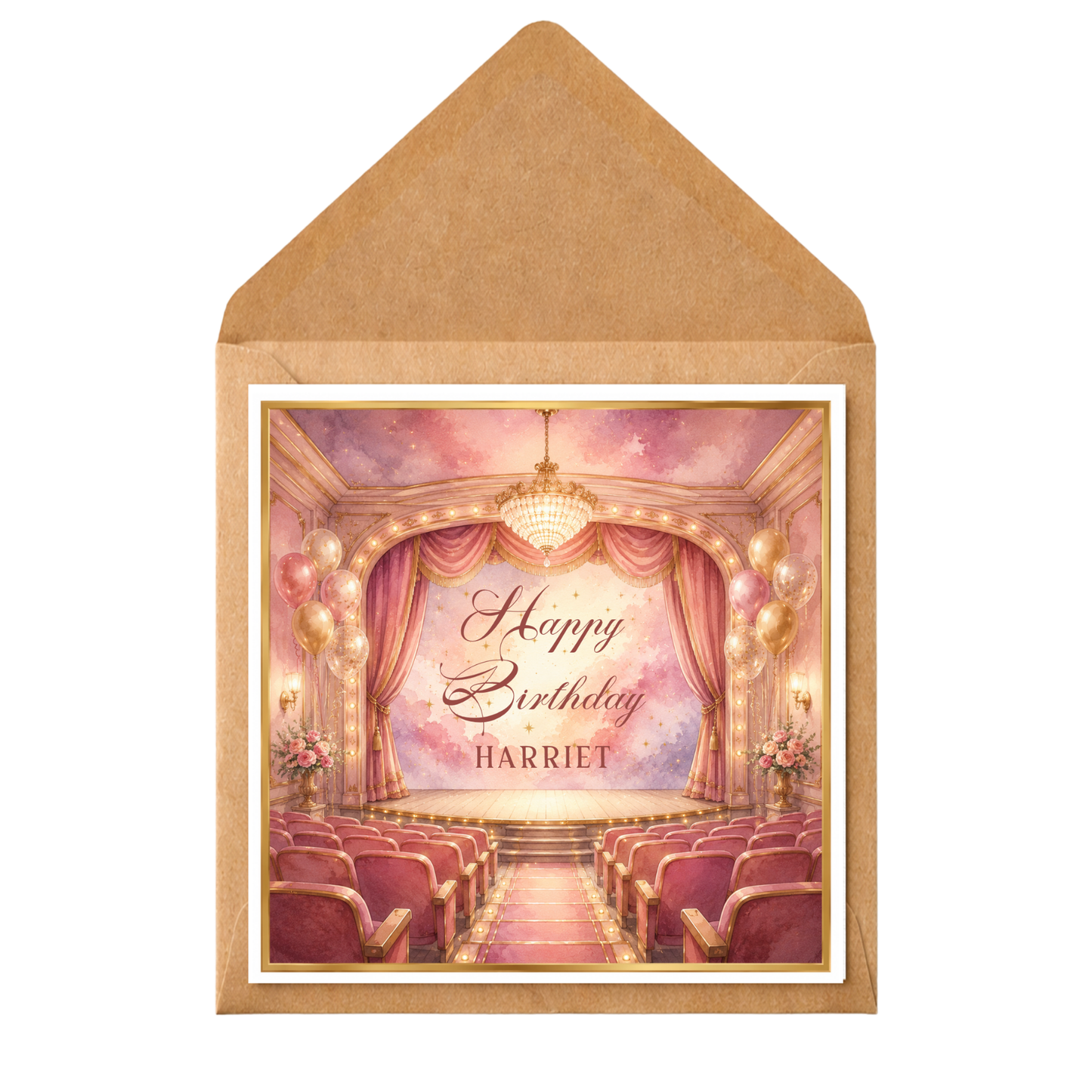 Theatre Lover Birthday Card | Personalised Stage & Musical Theatre Birthday Card | Pink Theatre Scene Card | Custom Name Birthday Card for Her