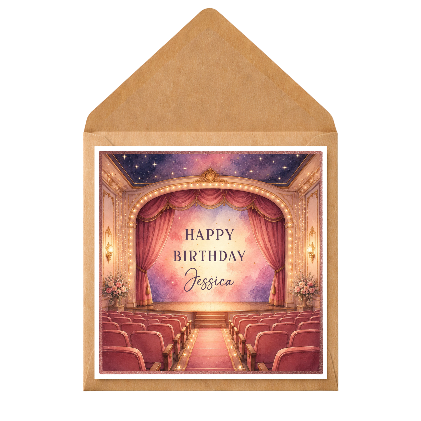 Theatre Lover Birthday Card | Personalised Stage & Musical Theatre Birthday Card | Custom Name Greeting Card | Theatre Fan Gift | Watercolour Stage Design