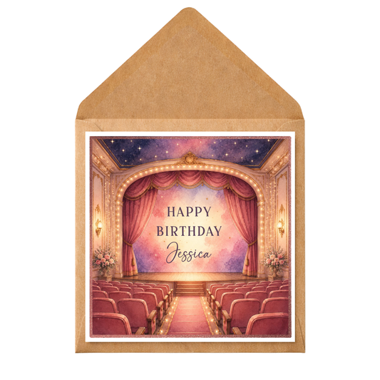 Theatre Lover Birthday Card | Personalised Stage & Musical Theatre Birthday Card | Custom Name Greeting Card | Theatre Fan Gift | Watercolour Stage Design