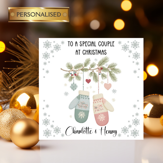Personalised Christmas Card for a Special Couple – Custom Names | Cosy Mittens Design | Cute Winter Holiday Card
