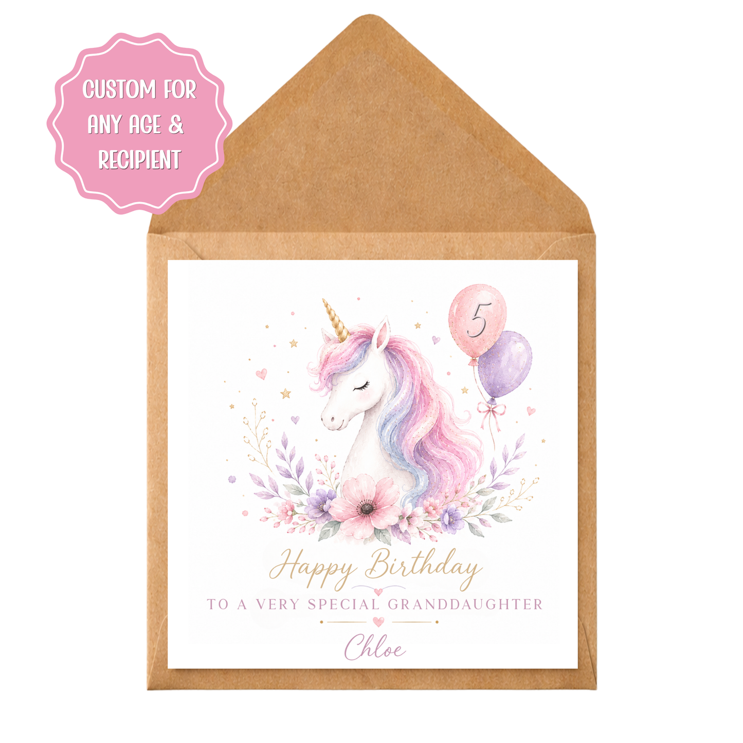 Personalised Unicorn Birthday Card | Custom Granddaughter Birthday Card | Unicorn Birthday Card for Girls | Any Age & Recipient