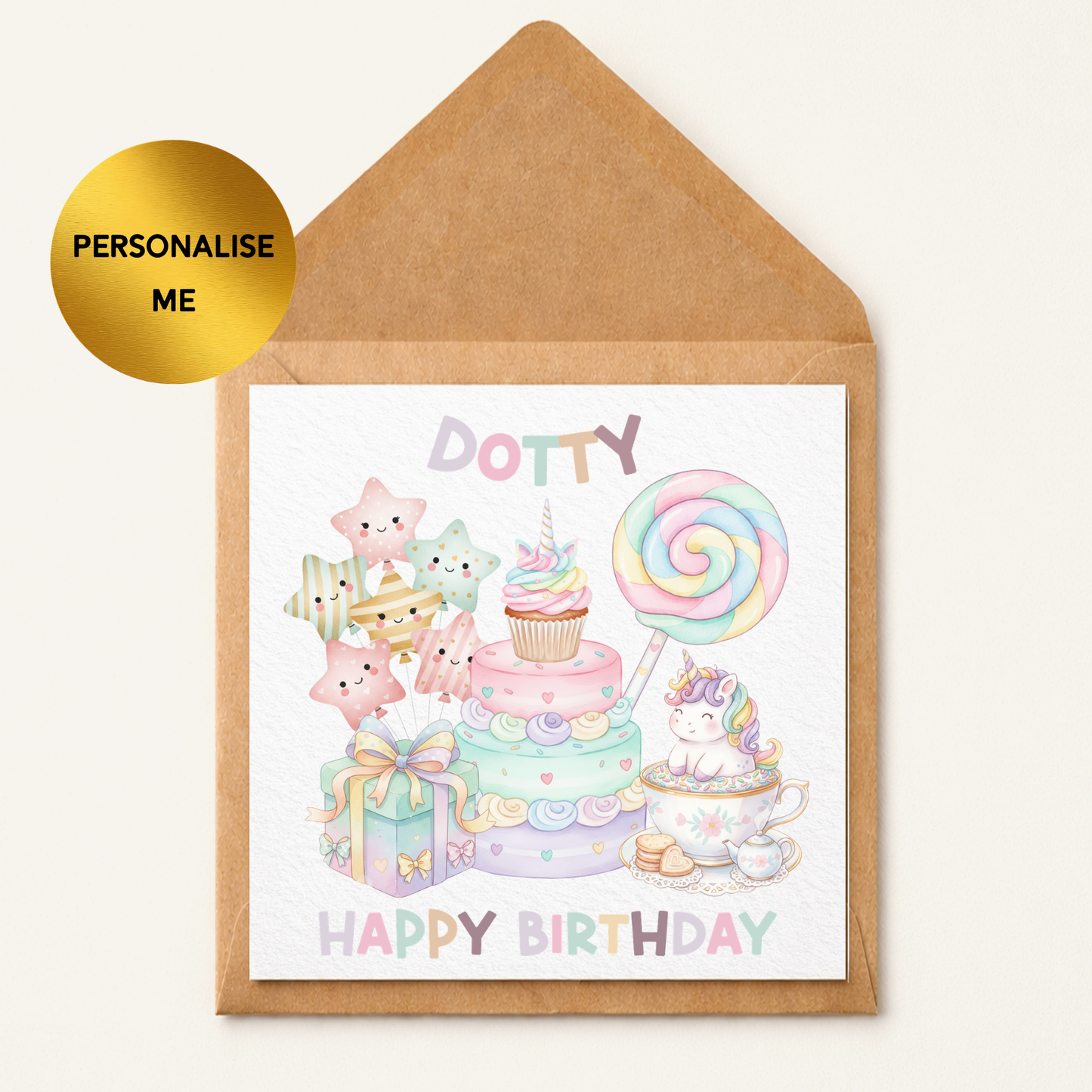 Personalised Unicorn Birthday Card, Girls Birthday Card, Cute Pastel Cake Card, Kids Birthday Card, Any Name Birthday Card, Unicorn Gift Card