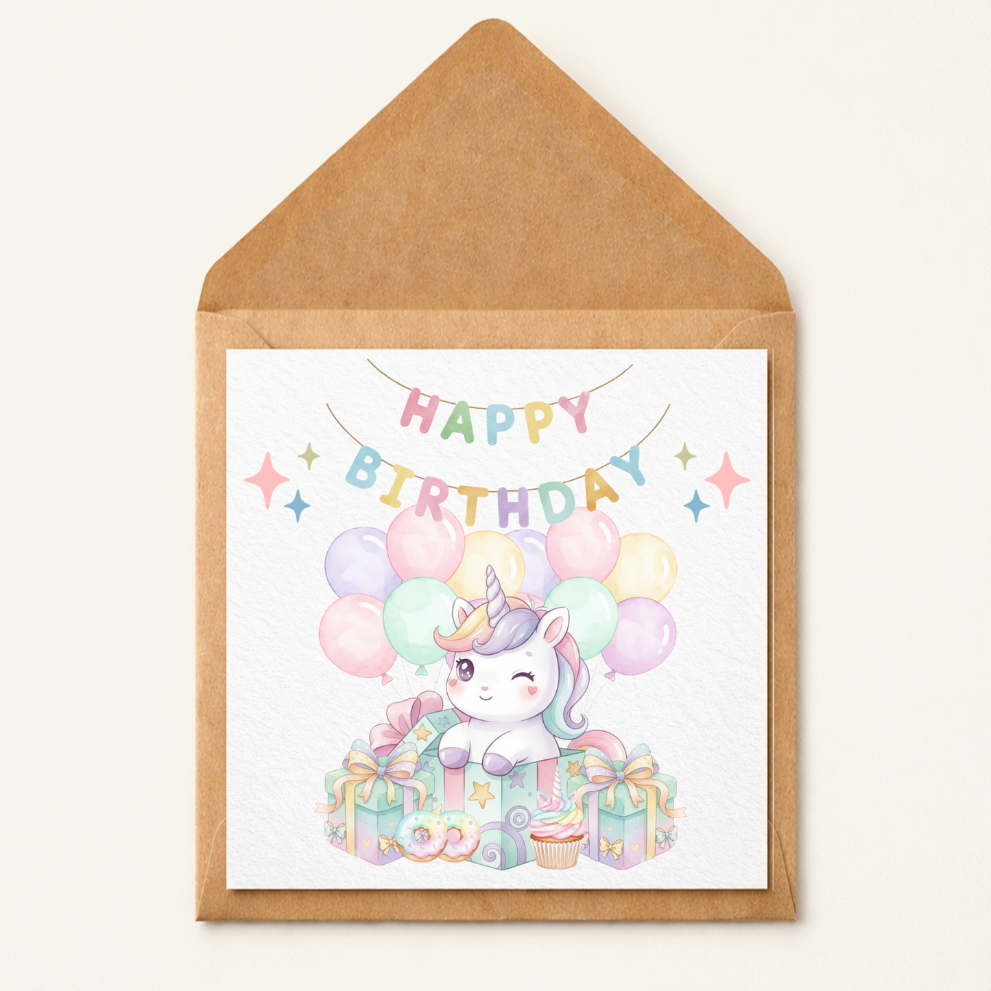 Unicorn Birthday Card, Girls Birthday Card, Cute Pastel Unicorn Card, Kids Birthday Card