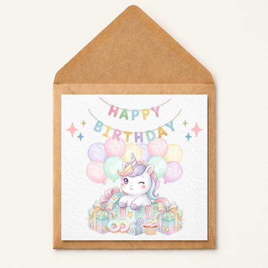 Unicorn Birthday Card, Girls Birthday Card, Cute Pastel Unicorn Card, Kids Birthday Card