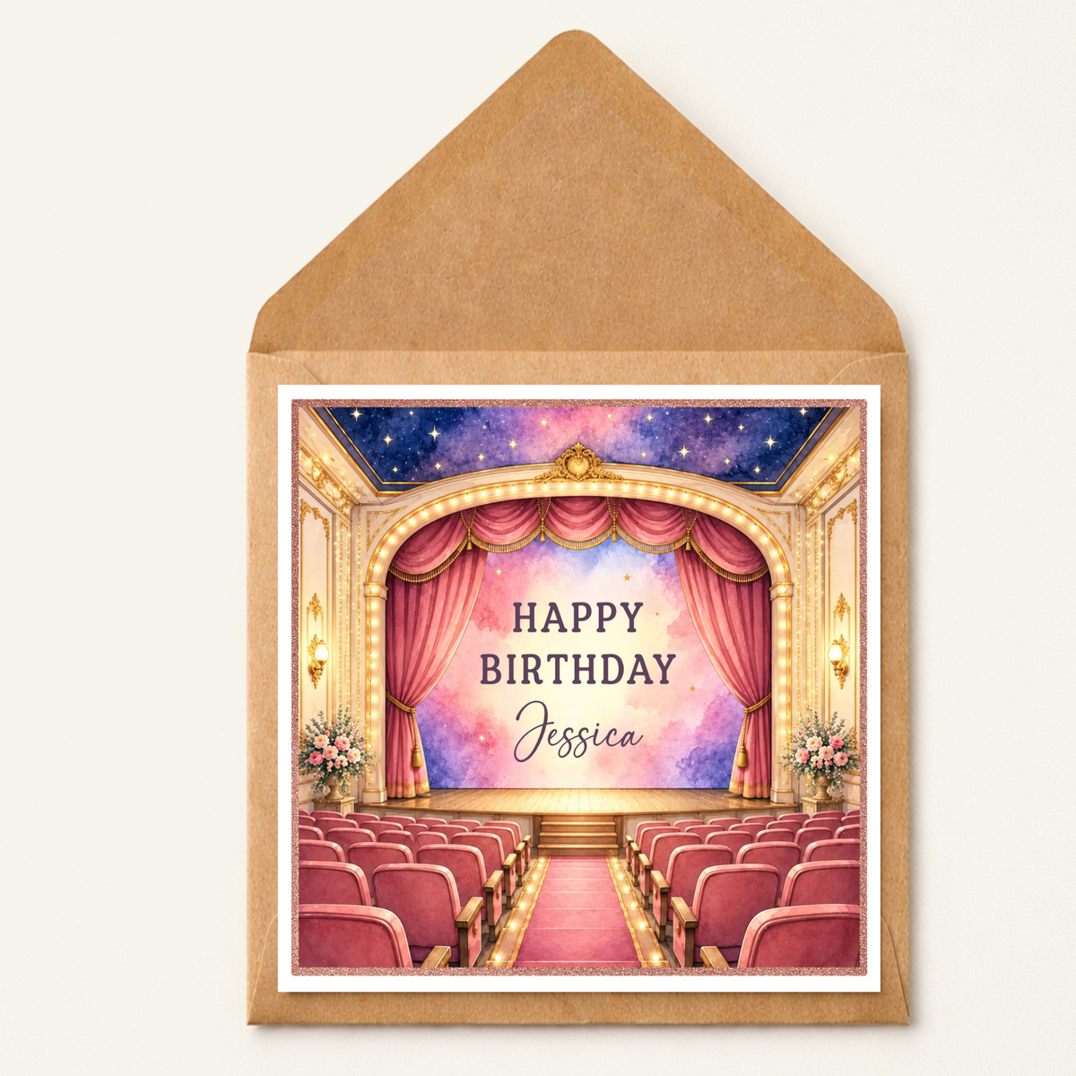 Theatre Lover Birthday Card | Personalised Stage & Musical Theatre Birthday Card | Custom Name Greeting Card | Theatre Fan Gift | Watercolour Stage Design