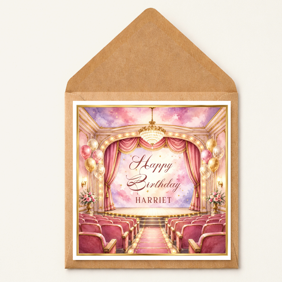 Theatre Lover Birthday Card | Personalised Stage & Musical Theatre Birthday Card | Pink Theatre Scene Card | Custom Name Birthday Card for Her