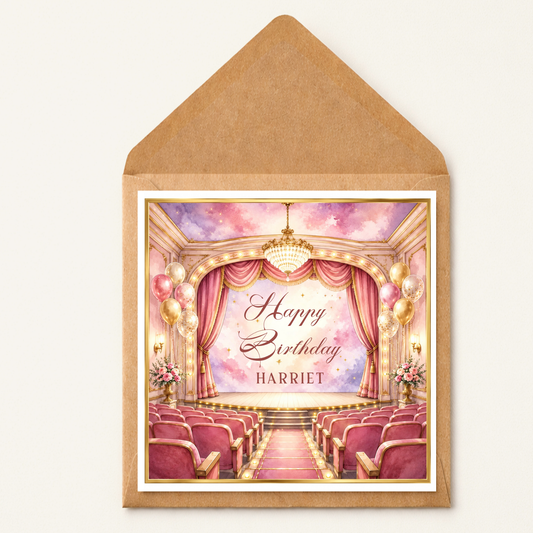 Theatre Lover Birthday Card | Personalised Stage & Musical Theatre Birthday Card | Pink Theatre Scene Card | Custom Name Birthday Card for Her