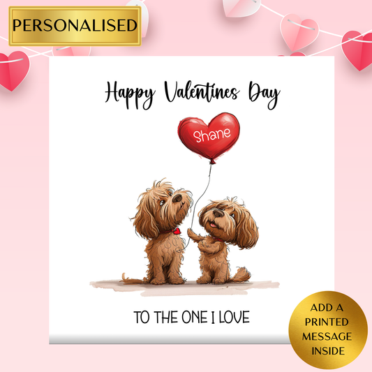 Personalised Valentine’s Day Card for Him or Her | Cute Dog Valentine Card | Custom Name Heart Balloon | Romantic Valentine Card