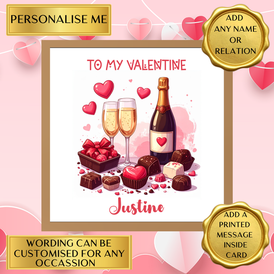 Personalised Valentine’s Day Card – Add Any Name or Relation – Champagne & Chocolates – Custom Wording – Romantic Gift – Printed Message Option