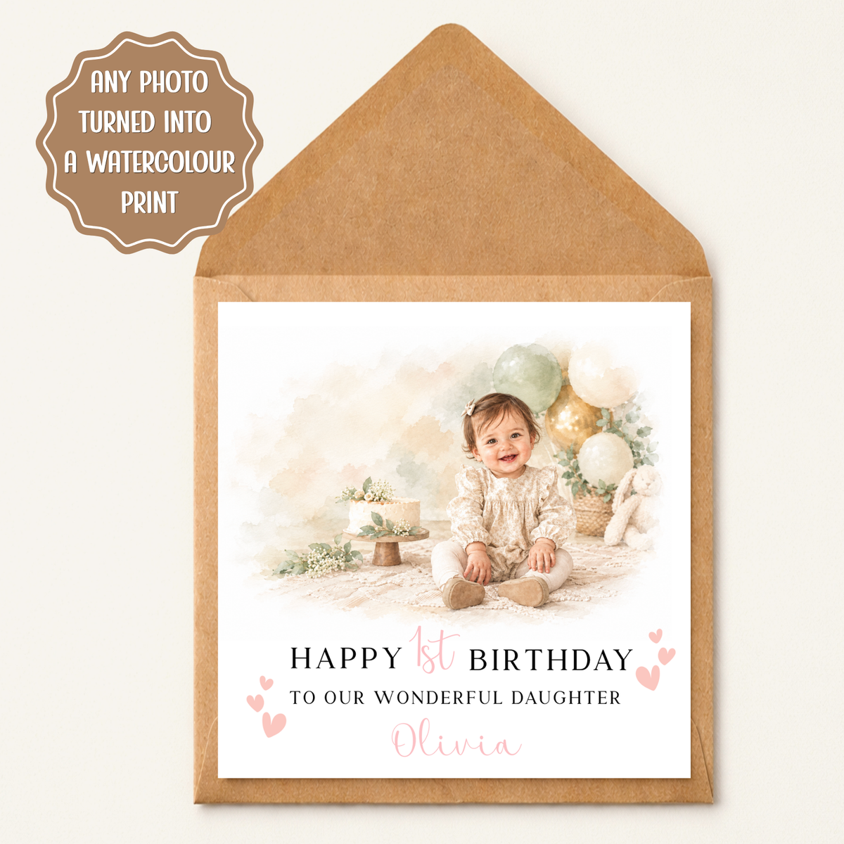 Personalised First Birthday Card, Watercolour Baby Girl Birthday Greeting Card, Custom Name and Age, Pastel Balloon Cake Card