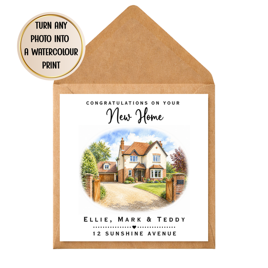 Personalised New Home Watercolour Print Card | Custom House Portrait Card | Congratulations On Your New Home | Housewarming Keepsake Gift