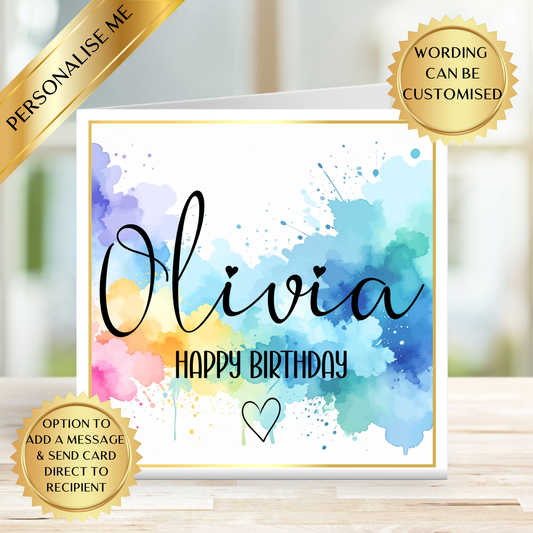 Personalised Watercolour Birthday Card | Custom Name Birthday Card | Colourful Splash Happy Birthday Card | Modern Birthday Card