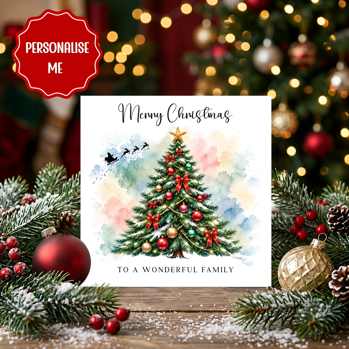 Personalised Family Christmas Card, Wonderful Family Xmas Card, Watercolour Christmas Tree Card, Custom Wording Christmas Card