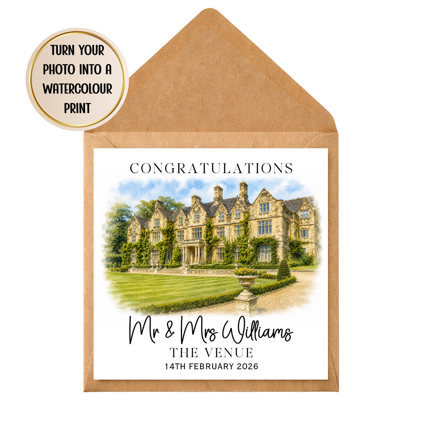 Personalised Wedding Venue Watercolour Card, Custom Photo Illustration Gift Newlywed
