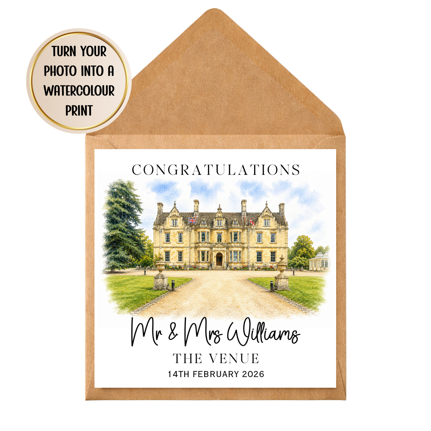 Personalised Wedding Venue Watercolour Card, Custom Photo Illustration Gift Newlywed