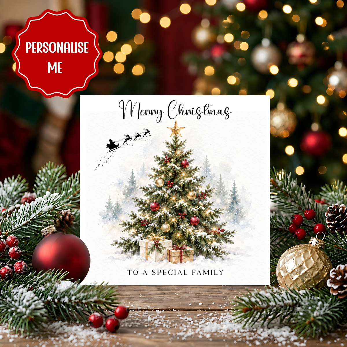 Personalised Family Christmas Card, Wonderful Family Xmas Card, Watercolour Christmas Tree Card, Custom Wording Christmas Card
