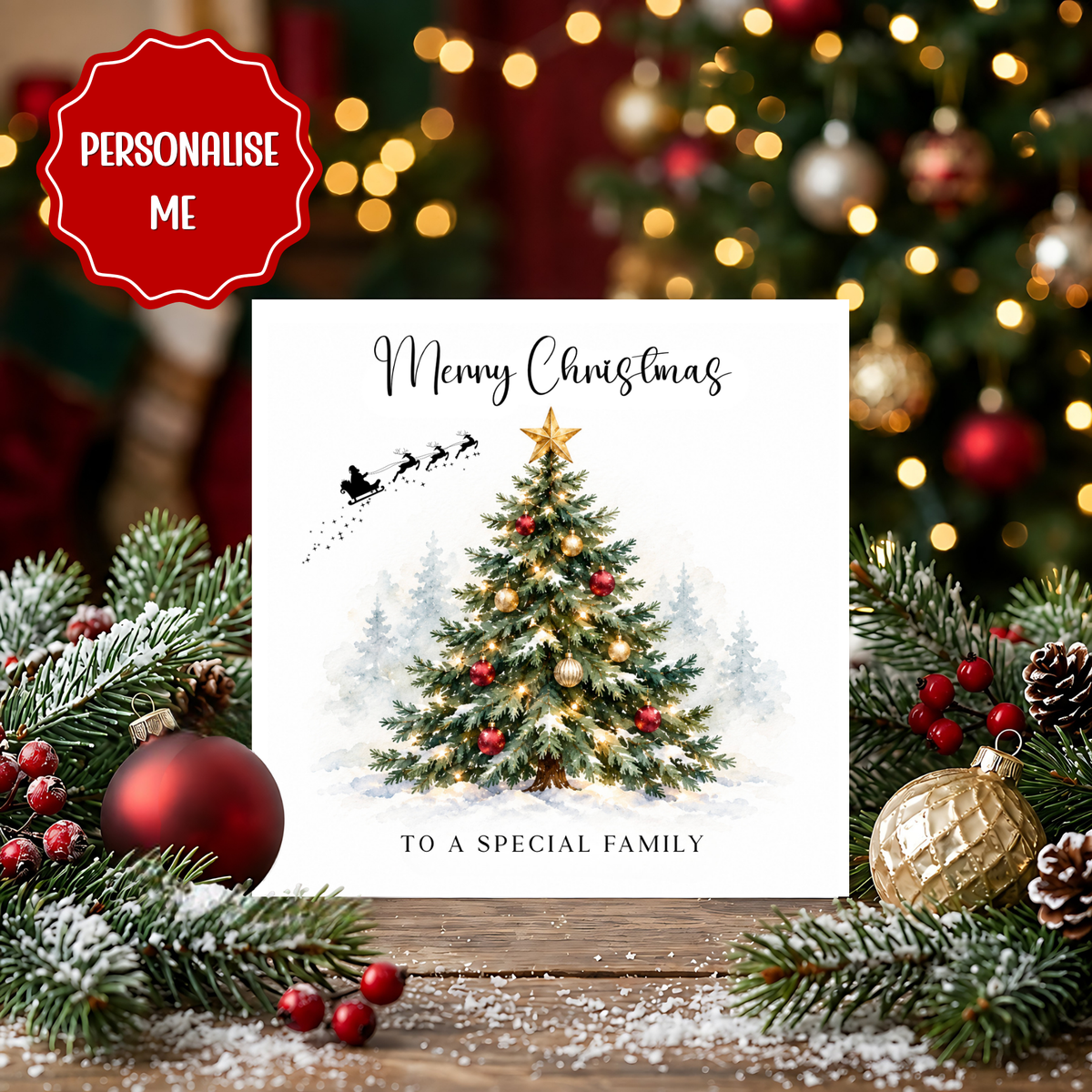 Personalised Family Christmas Card, Wonderful Family Xmas Card, Watercolour Christmas Tree Card, Custom Wording Christmas Card