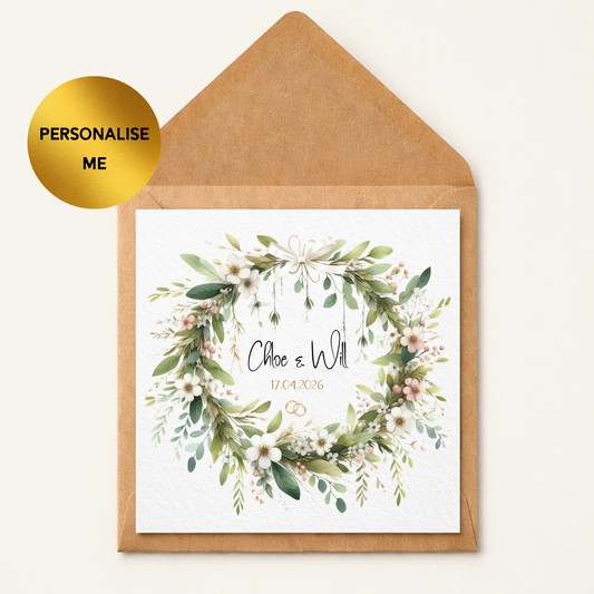 Personalised Wedding Card | Custom Names & Date Wedding Card | Elegant Floral Wreath Card | Bride & Groom Keepsake Card | Rustic Wedding Card
