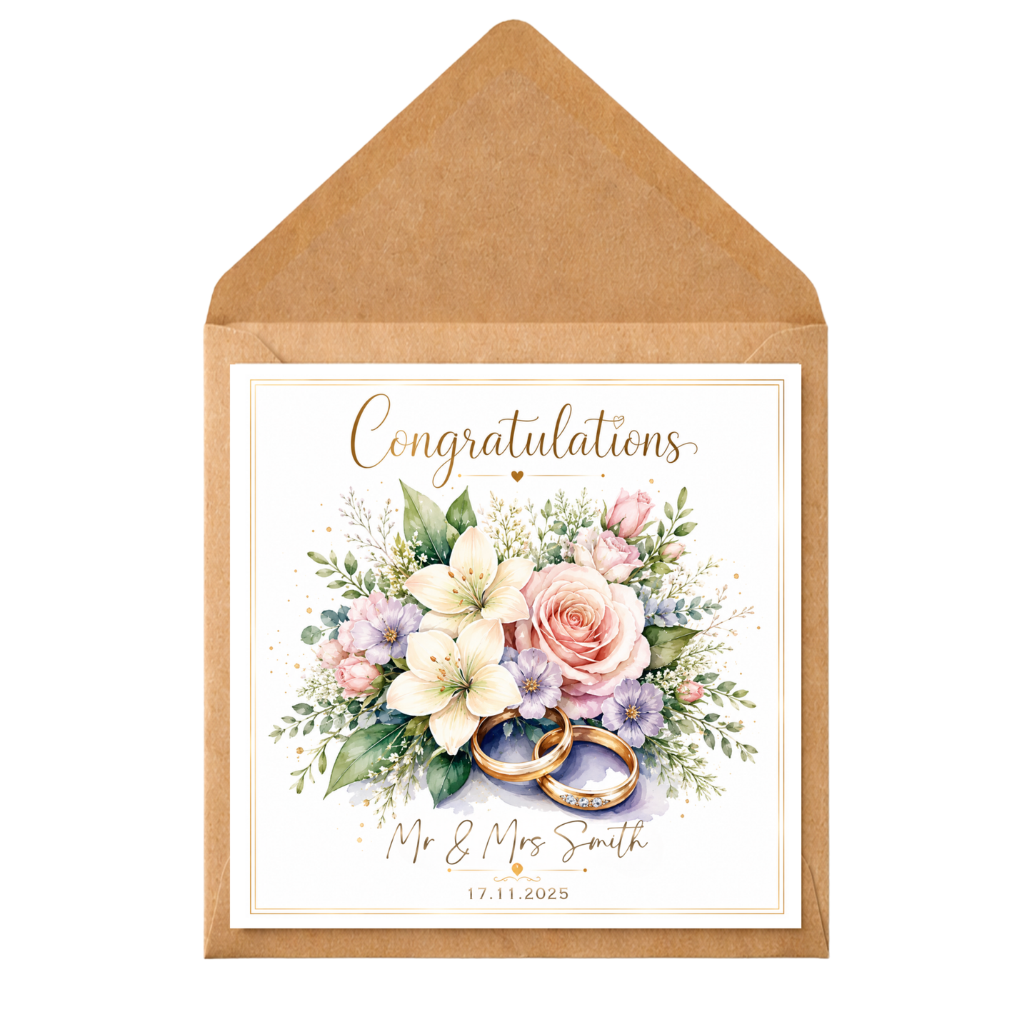 Personalised Wedding Card – Custom Congratulations Card with Names & Date, Floral Wedding Rings Design, Engagement or Marriage Card