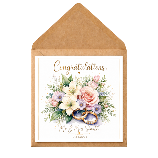 Personalised Wedding Card – Custom Congratulations Card with Names & Date, Floral Wedding Rings Design, Engagement or Marriage Card