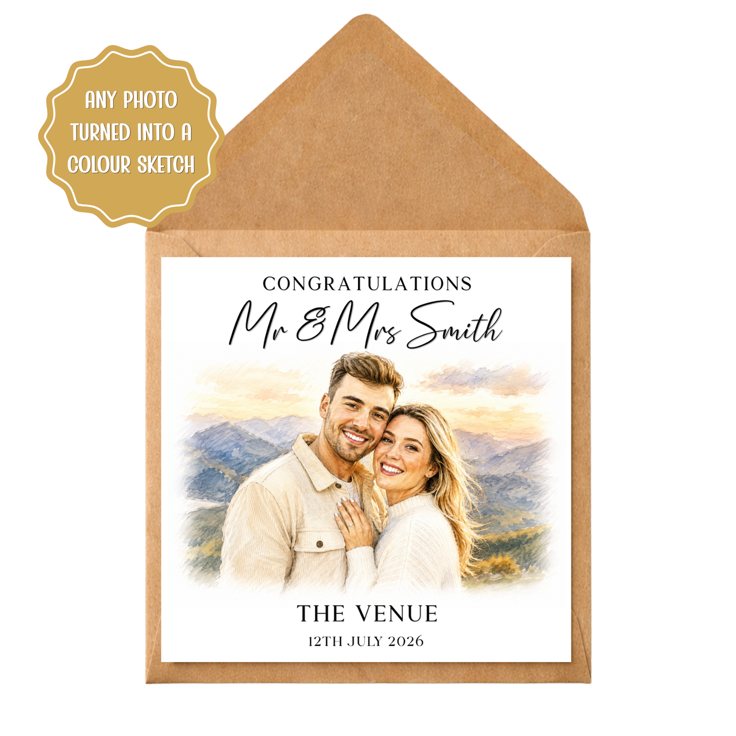Personalised Wedding Card from Photo | Custom Couple Portrait Card | Colour Sketch Wedding Congratulations Card | Bride & Groom Gift