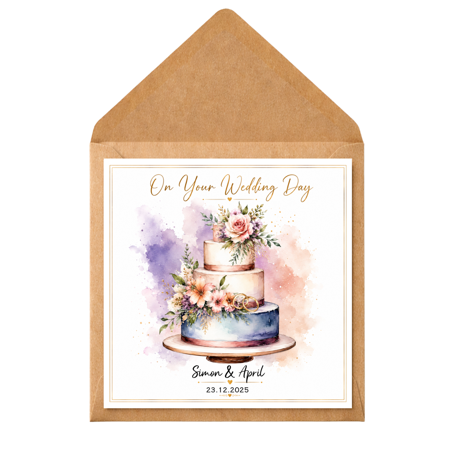 Personalised Wedding Day Card – Custom Names & Date | Floral Watercolour Cake Design