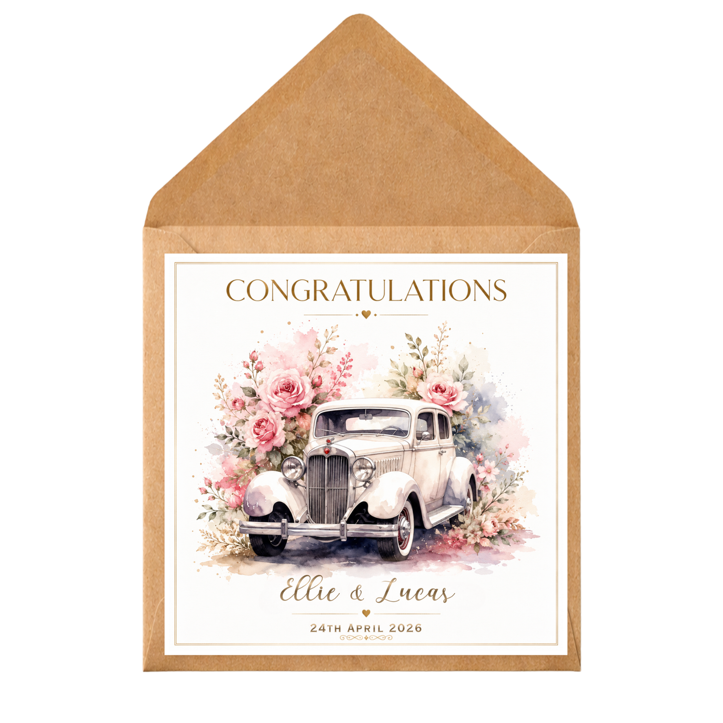 Personalised Wedding Congratulations Card | Vintage Wedding Car | Custom Names & Date | Wedding Day Card | Floral Car | Congratulations Card